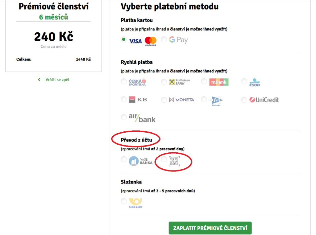 Lze uhradit prémiové členství QR platbou?